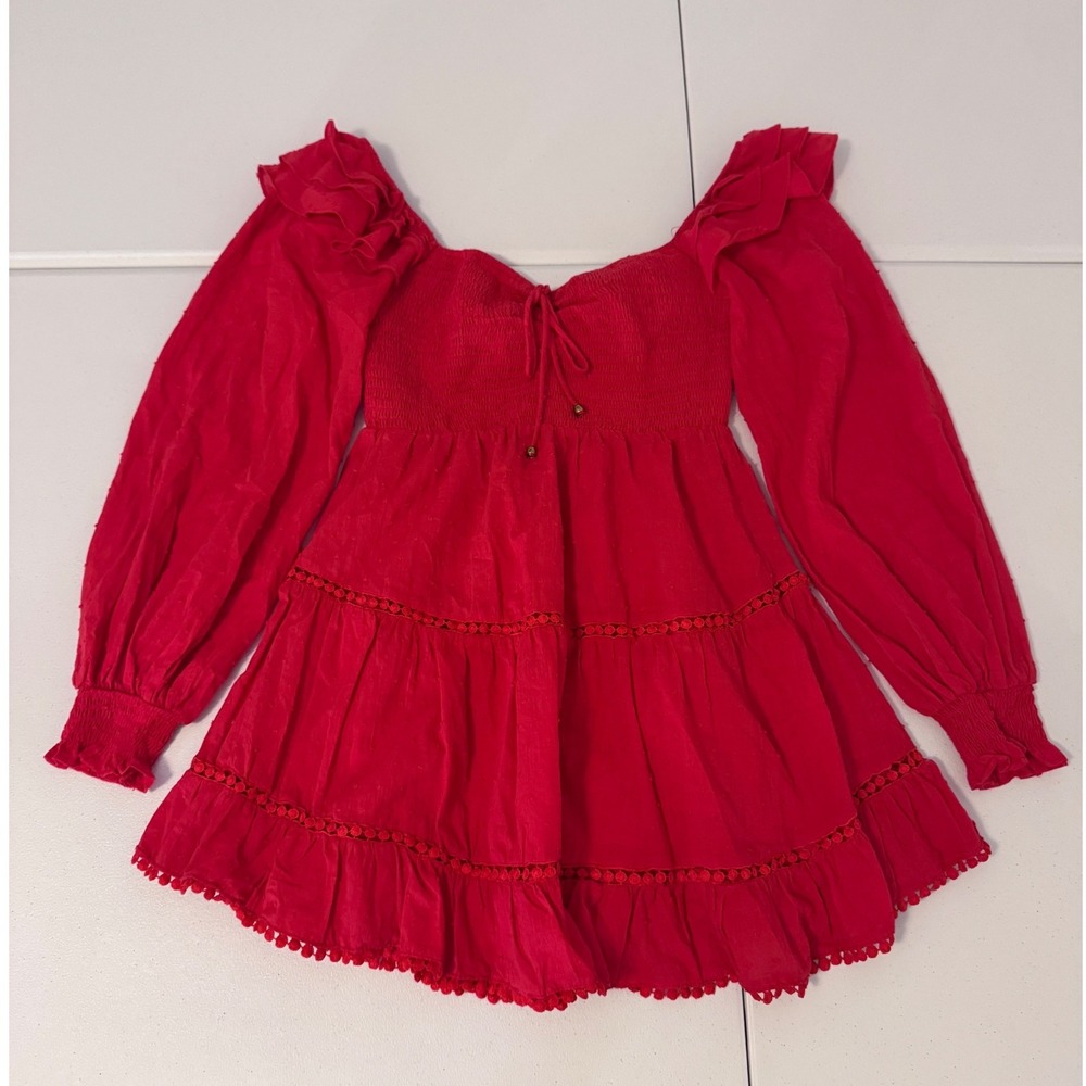 Saints + Secrets Red Swiss Dot Smocked Tiered Mini Dress Long Sleeve Womens M u3